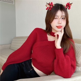 Áo Len Đỏ Giáng Sinh Áo sweater Lưng Cao Màu Đỏ Thời Trang Thu Đông Cho Nữ