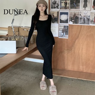 DUNEA Đầm Dài Tay Cổ Vuông Ôm Dáng Xinh Xắn Dành Cho Nữ