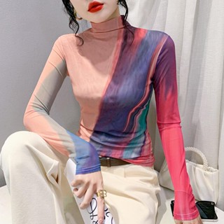 Miou Hàng Châu Âu 2023 Thời Trang Thu Đông Quảng Châu Dài Tay Lưới Áo Thun Nữ Cổ Cao Size Lớn Chui Đầu In Hình Cảm Giác Cao Cấp Áo Nữ