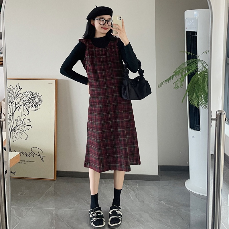 Sugemiusi Set Áo Len Không Tay Và Váy Caro Phong Cách Mới Cho Mẹ Bầu