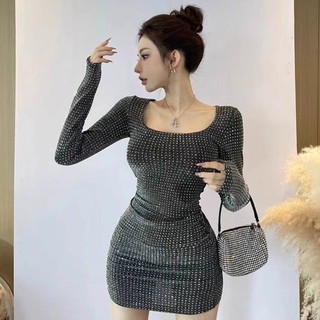 Đầm Cổ Vuông Tay Dài Dáng Ôm Đính Đá Lấp Lánh Phong Cách Thời Trang Mùa Đông Mới 2023