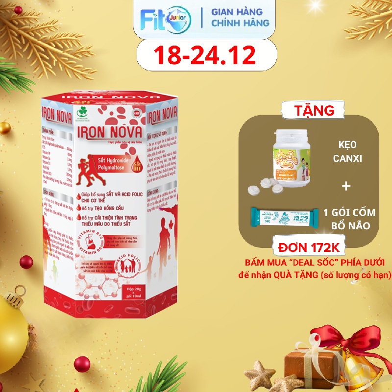 Sắt Ống Không Tanh, Không Nóng, Không Táo Iron Nova Hỗ trợ Tạo Hồng Cầu, Giảm Thiếu Máu Thiếu Sắt Fito Junio, Hộp 20 Ống