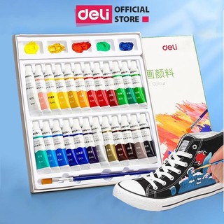 [HỌA CỤ DELI] Màu Nước Acrylic Dạng Tuýp 5ml Kèm Cọ Khay Màu Tô Tượng Vẽ Giày Túi Tote Tô Tượng Đất Sét Tự Khô