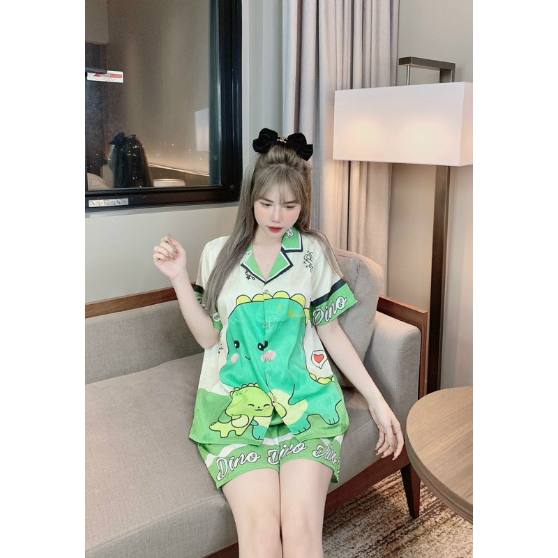 Bộ ngủ lụa xước pijama nữ hình khủng long mặc nhà cute dễ thương Freesize 35-58kg - COMEL