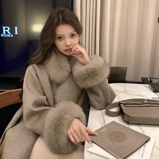 < Qianshan twilight snow} Áo Khoác Len cashmere Phối Lông Cáo Có Dây Buộc Dài Trung Bình Cho Nữ