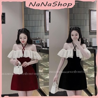 Đầm nhung cứng phôi voan tơ cổ yếm cup ngực, Đầm xòe chữ A phối bèo bẹt vai phối màu trắng đỏ đen
