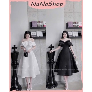 Đầm váy nữ trễ vai phối nơ ngực dáng dài xòe, Đầm tafta dáng xòe dài trễ vai phối nơ ngực