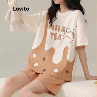 Bộ đồ ngủ Lovito đơn giản ghép nối màu sắc họa tiết hoạt hình cổ tròn tay ngắn bộ nữ LNA12007