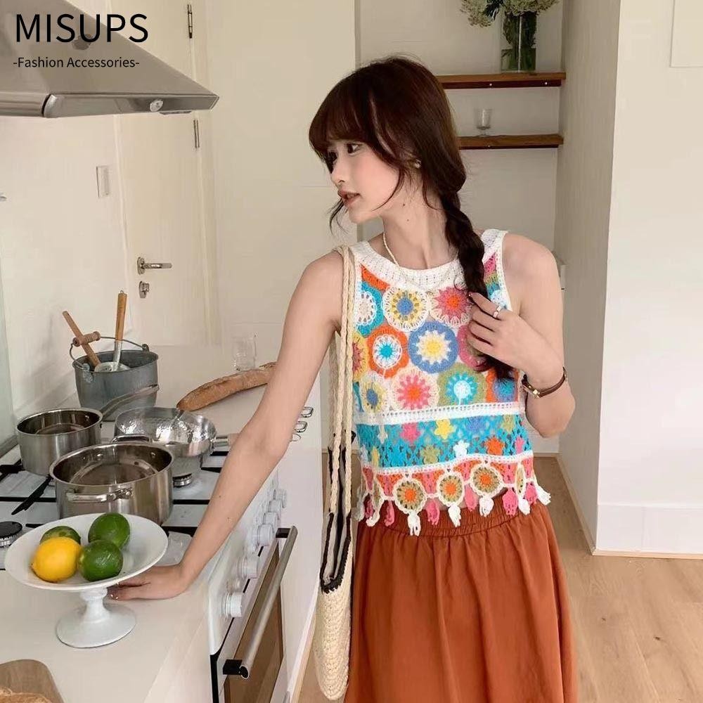 Áo Crop Top nữ MISUPS, Áo Vest dệt kim ngắn Bohemian, Áo tua rua không tay cổ chữ O đi biển