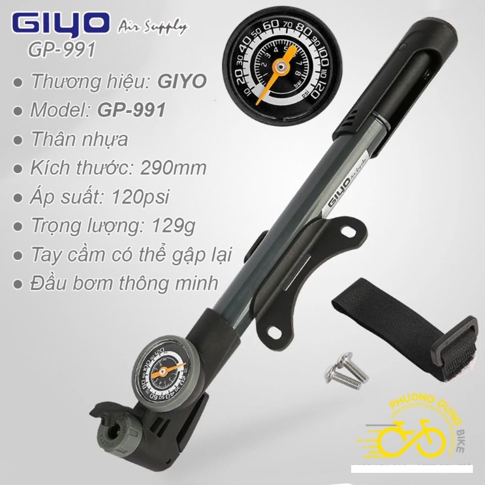 Bơm mini xe đạp Giyo GP-991 có đồng hồ đo áp suất - Van Thông Minh