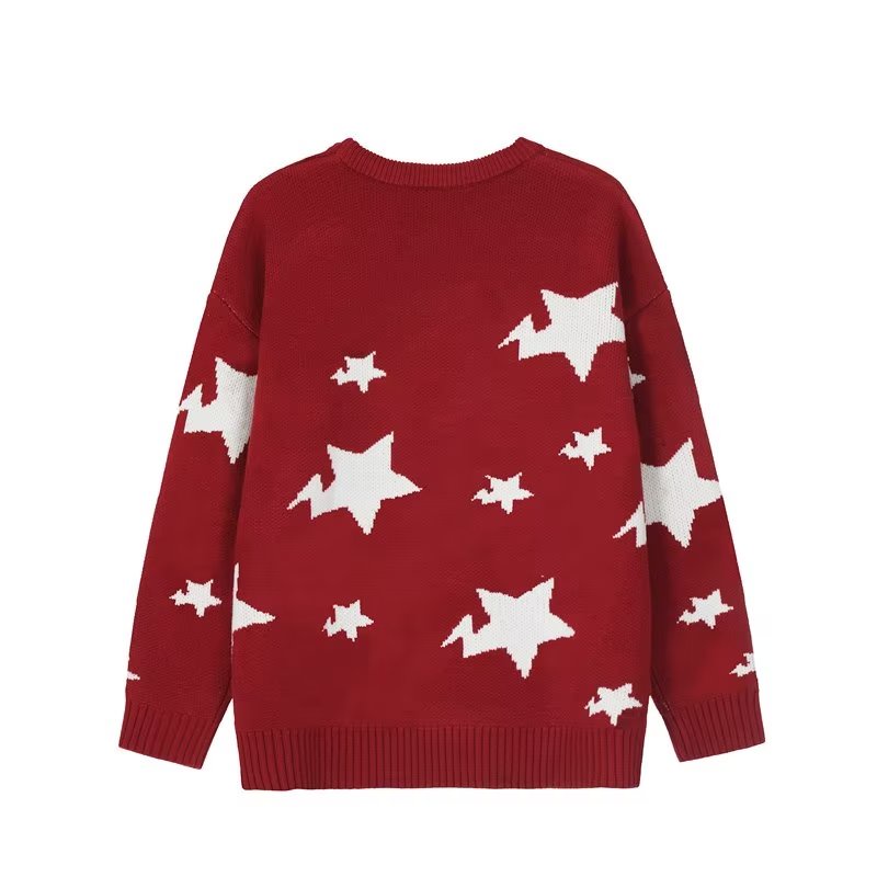 Áo sweater SINRANSINYA dệt kim cổ tròn dáng rộng in hình ngôi sao phong cách đường phố Mỹ cổ điển cho nam