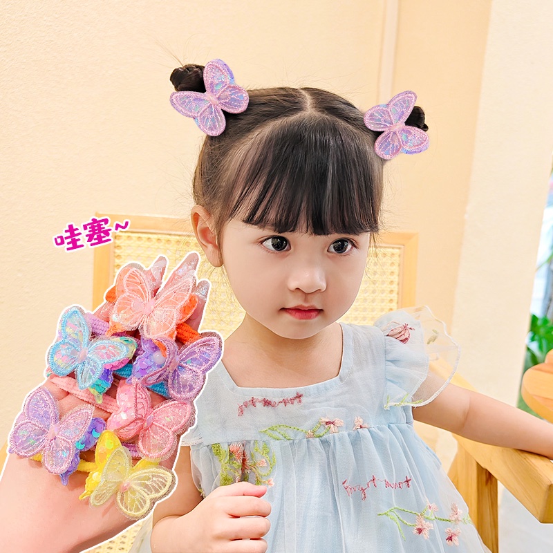 Set 2 Cặp Dây Buộc Tóc Cao Su Co Giãn Hình Bướm Hoạt Hình Phong Cách Hàn Quốc Cho Bé Gái