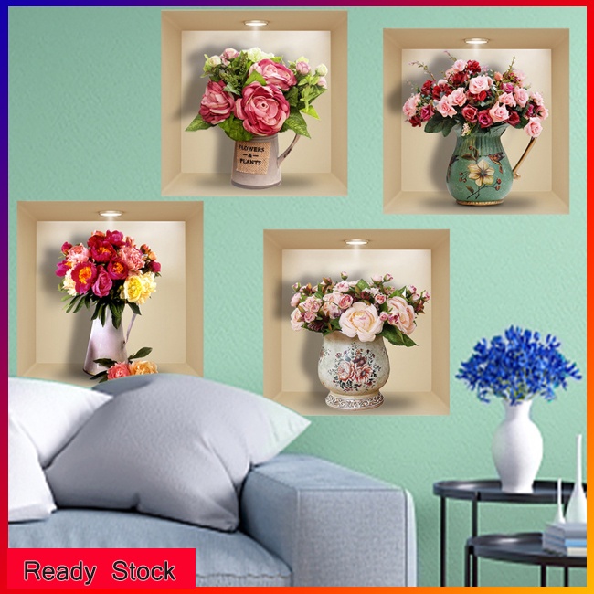 Set 4 Nhãn Dán Trang Trí Tường Họa Tiết Bình Hoa Hồng 3d Độc Đáo