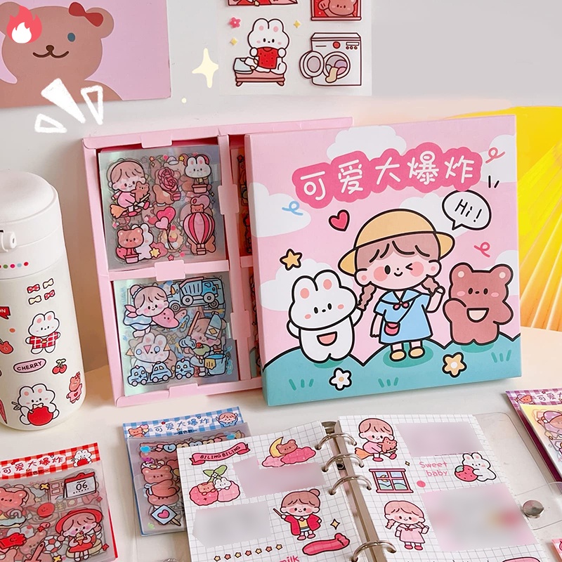 Set hộp 100 tấm sticker 1000 hình dán chống nước nhiều phong cách cute dễ thương   RYVN