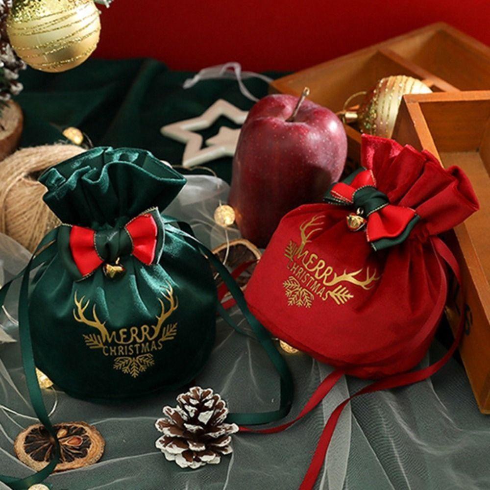 Mengxuan Túi Đựng Quà Giáng Sinh Bằng Vải Nhung Đính Chuông Nhỏ Màu Đỏ Đính Nơ Làm Quà Tặng Giáng Sinh