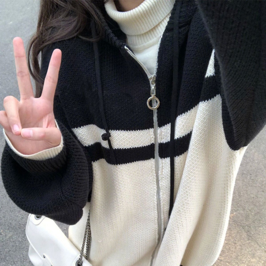 Áo Khoác cardigan Dệt Kim Tay Dài Dáng Rộng Màu Sắc Tương Phản Thời Trang Thu Đông Cho Nữ