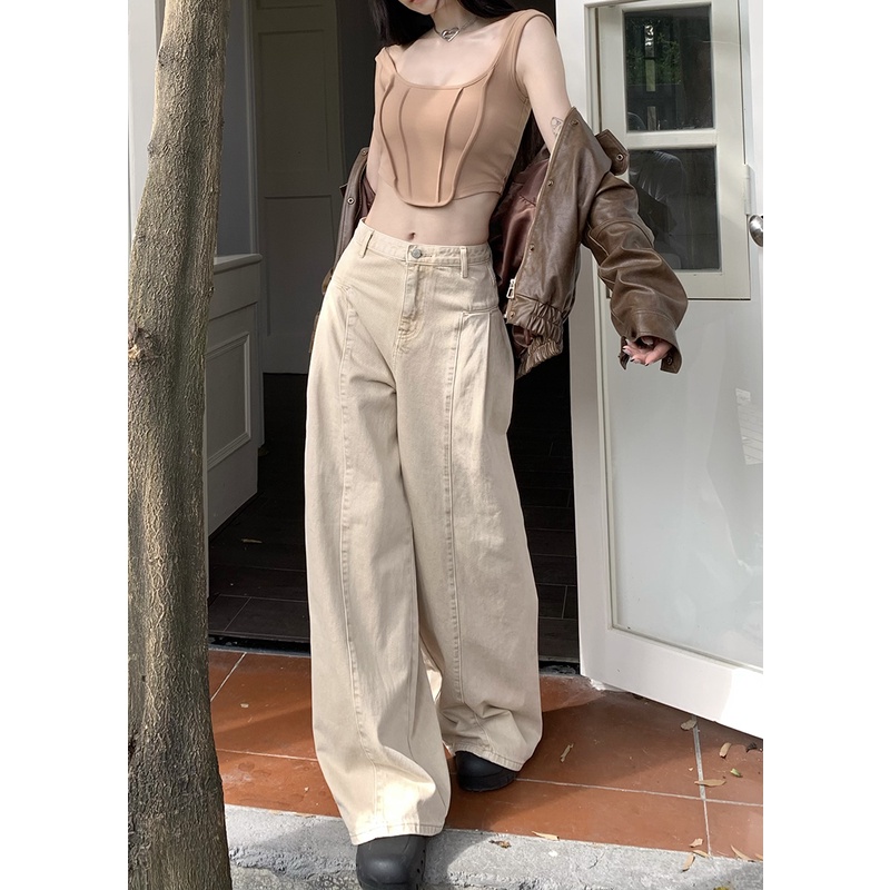 Set Áo Nịt Ngực Cổ Vuông + Quần denim Ống Rộng Lưng Cao Phong Cách retro Cho Nữ