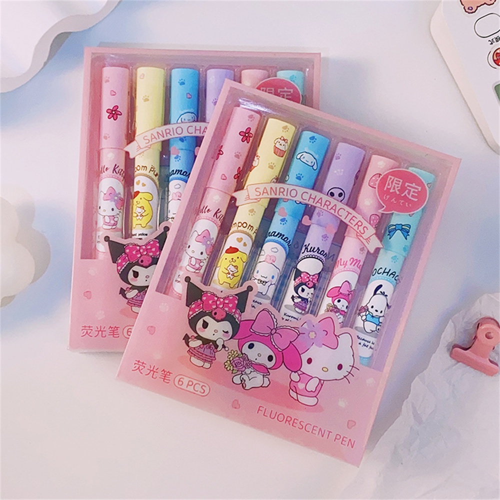 ⚡VẬN CHUYỂN NHANH⚡⚡ 6 Cái/hộp Bộ Bút Đánh Dấu Sanrio Hello Kitty Kuromi Anime Bút Đánh Dấu Bút Huỳnh Quang Pompompurin Dễ Thương Văn Phòng   Học Sinh Sáng Tạo
