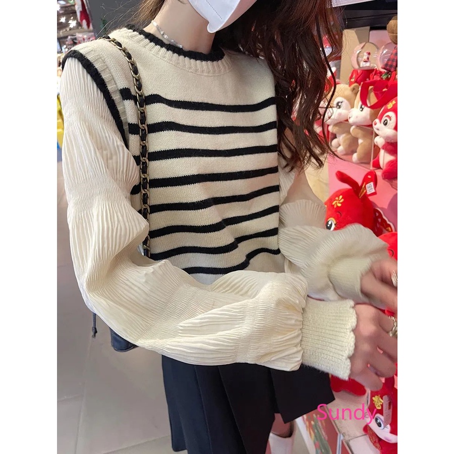 Áo sweater Dệt Kim Kẻ Sọc Kiểu Pháp Thời Trang Mùa Thu Cho Nữ