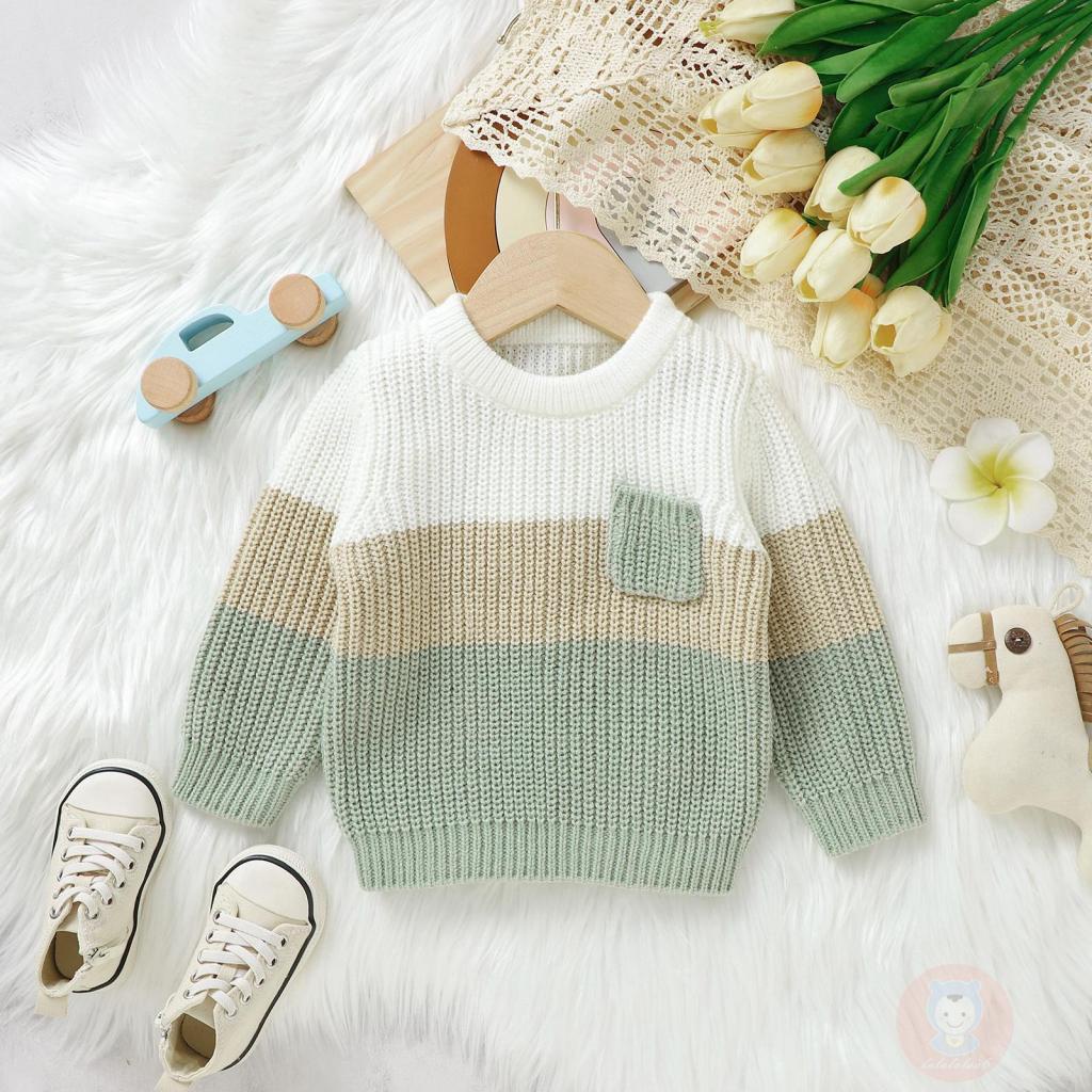 Laa6-áo sweater Dệt Kim Tay Dài Cổ Thuyền Ấm Áp Màu Sắc Tương Phản Cho Bé