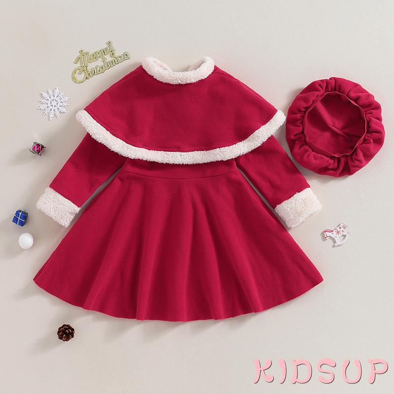 Set Đồ Giáng Sinh 2 Món Gồm Áo Khoác Tay Dài Chắp Vá Có Nút Thắt Nơ Và Nón Cho Bé Gái