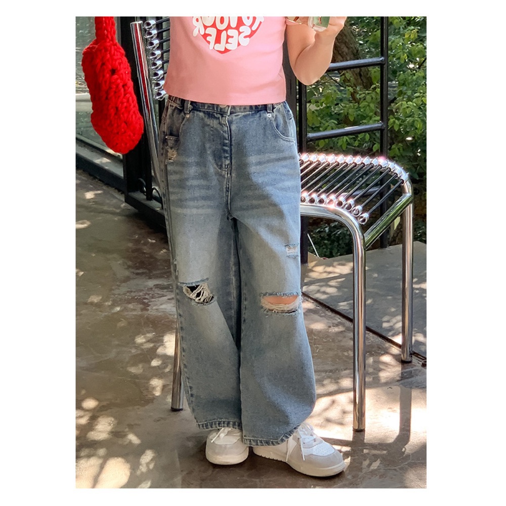 Quần jeans Rách Lưng Cao Ống Rộng Phong Cách retro Cho Bé Gái
