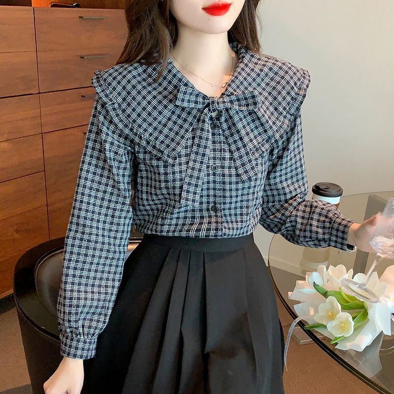 Áo Sơ Mi Tay Dài Cổ Búp Bê Họa Tiết Kẻ Sọc Phong Cách Pháp Thời Trang Mùa Thu 2023 Mới Cho Nữ