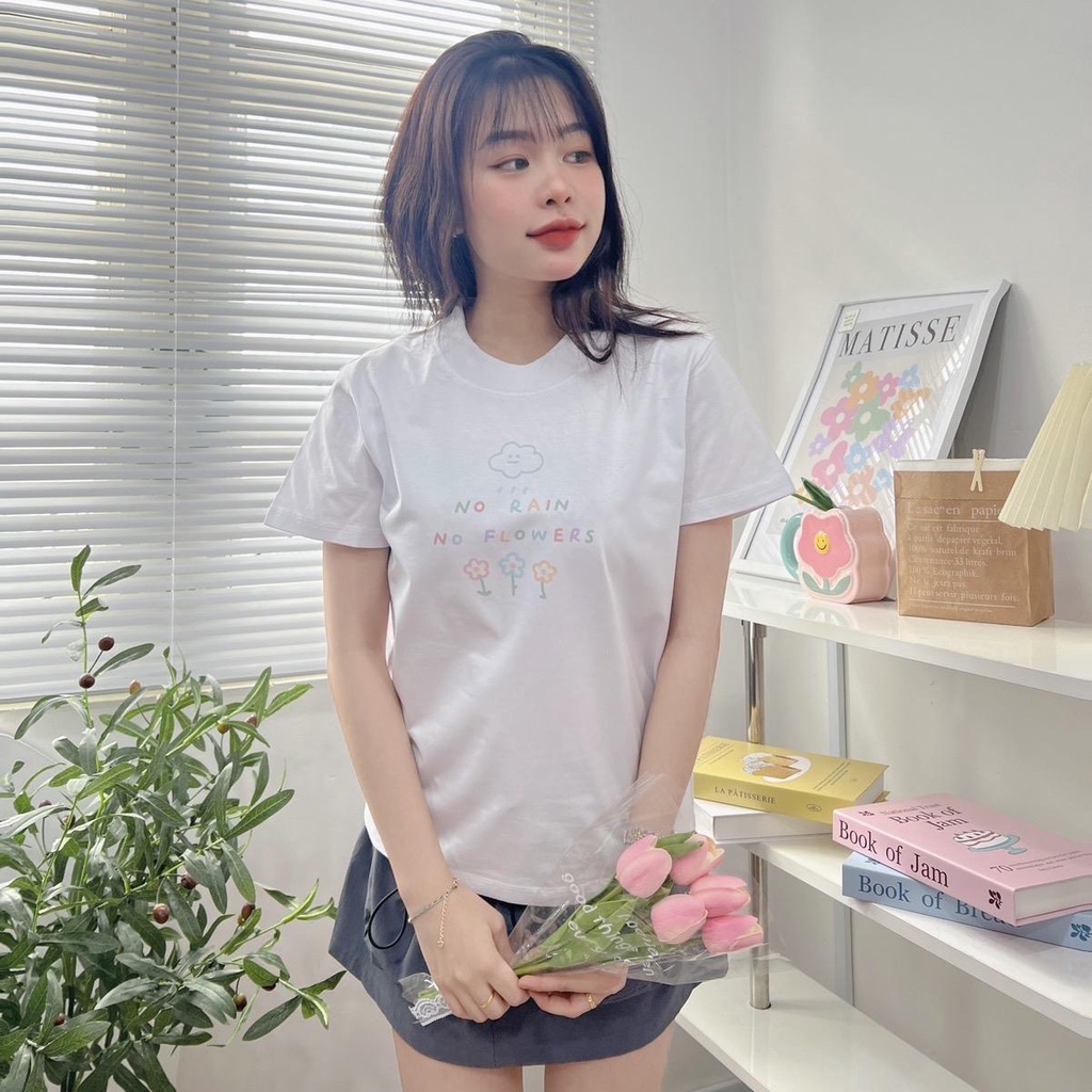 Áo baby tee No Rain No Flowers dễ thương áo thun nữ form vừa cotton 2c
