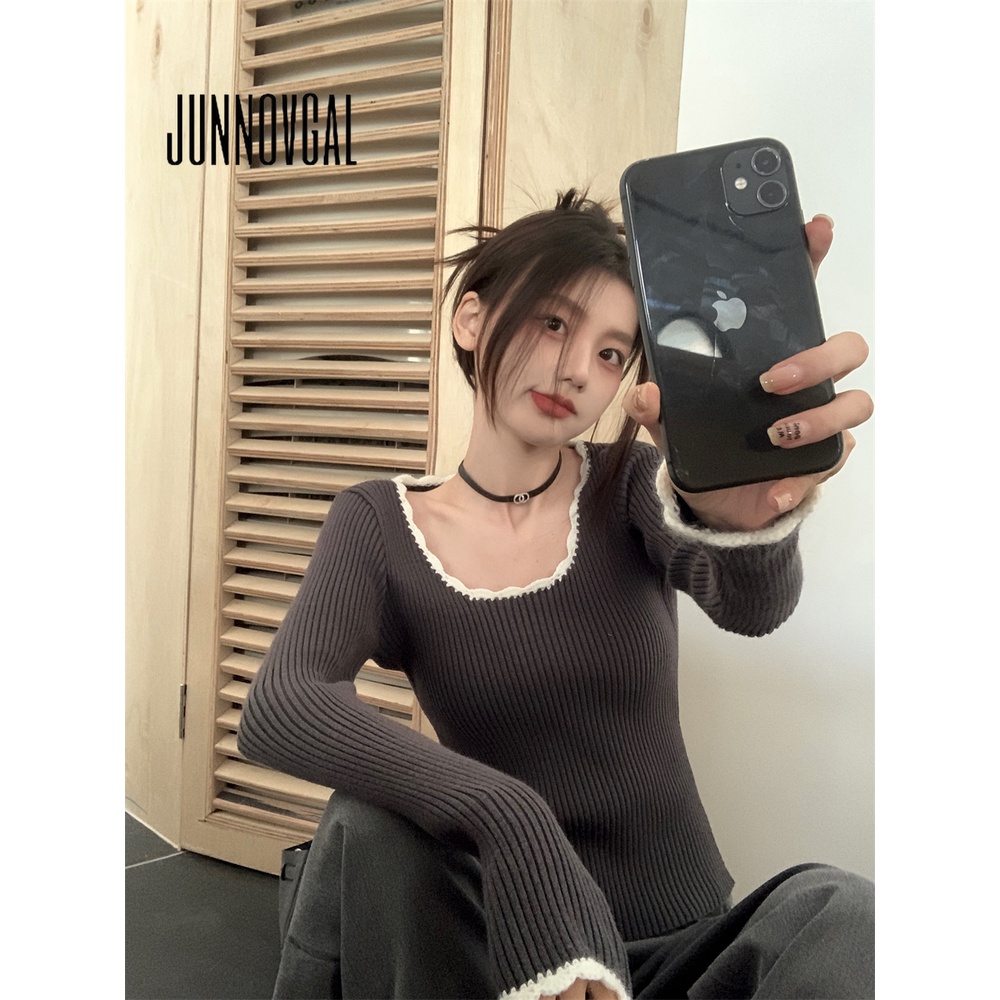 Junnovgal Áo Thun Tay Dài Cổ Chữ u Màu Trơn Dáng Ôm Thời Trang 2023 Dành Cho Nữ