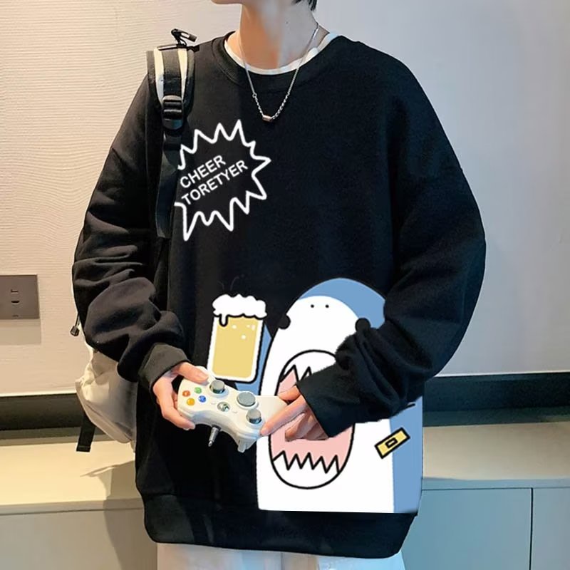 Áo sweater nam bigsize M-8XLÁo Sweater cotton Nhung Dày Tay Dài Cổ Tròn In Hình Cá Mập Hoạt Hình Phong Cách Mỹ Thời Trang Mùa Thu Cho Nam