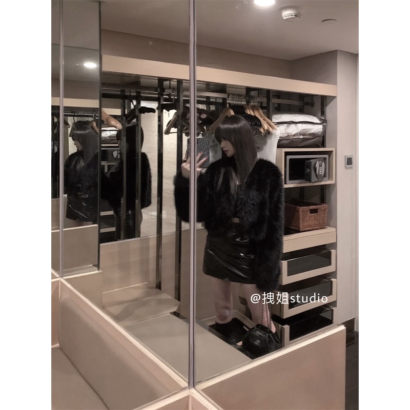 Áo Khoác Lông Ngắn Màu Đen Tay Dài Thời Trang Thu Đông Dành Cho Nữ