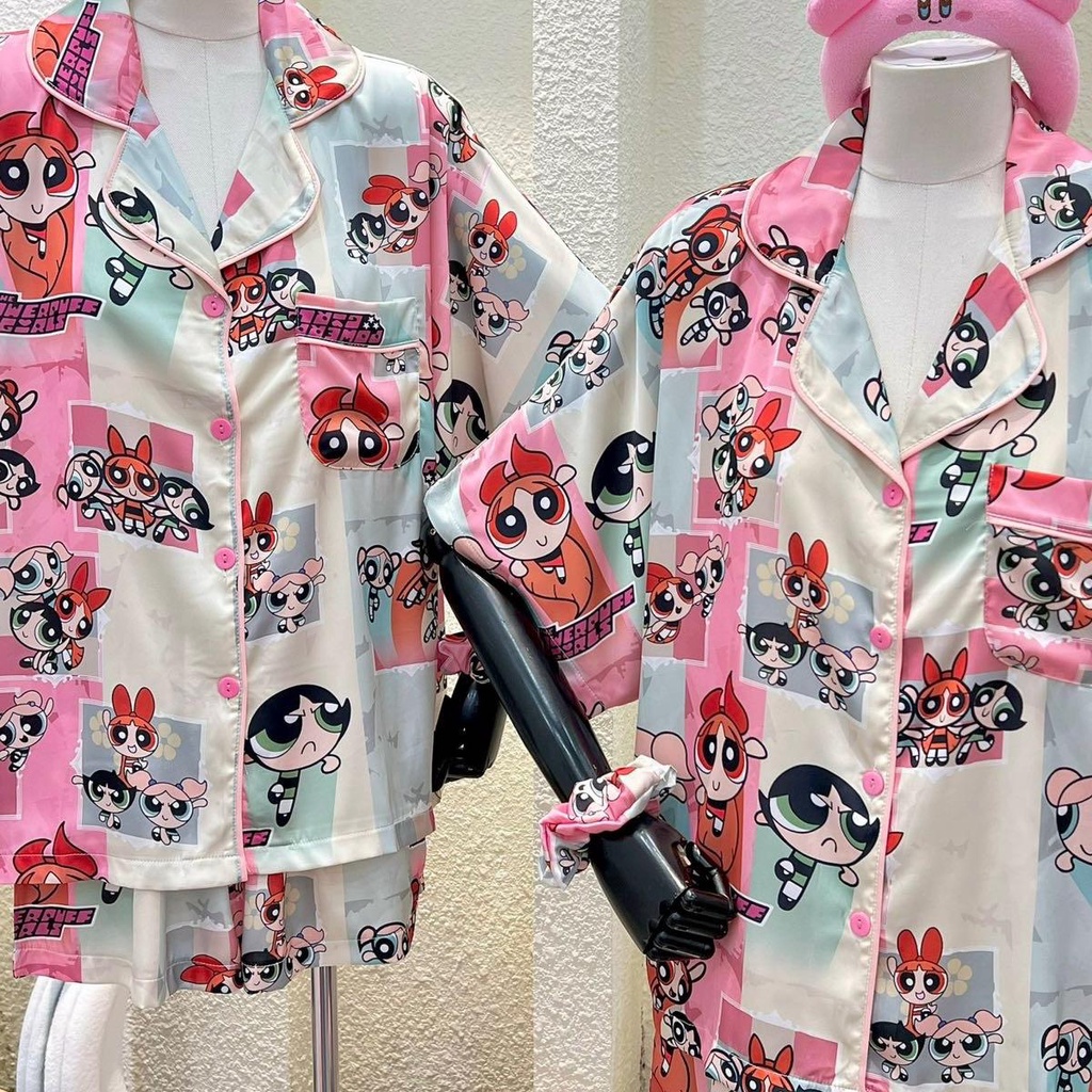 Bộ Pijama Monybear quần đùi , áo tay dơi in hình Powerpuff girl khung kèm cột tóc - HN1591