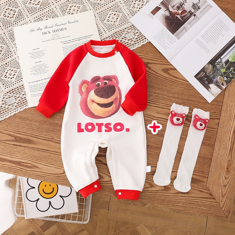 Bộ Áo Liền Quần Tay Dài + Vớ Bằng cotton In Họa Tiết Hoạt Hình Chú Gấu Dễ Thương Cho Bé Trai / Gái 0-24 Tháng Tuổi