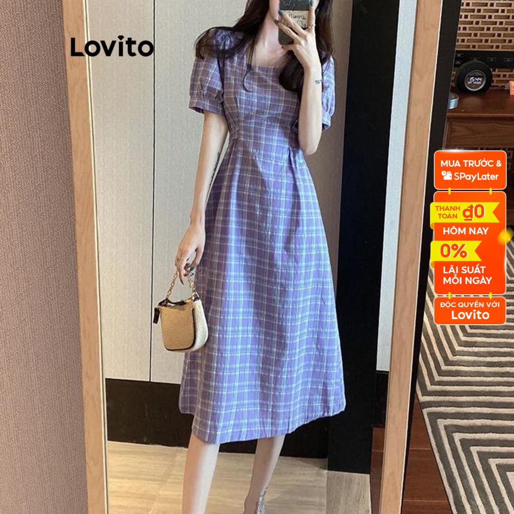 Đầm midi Lovito dáng xòe tay phồng ngắn cổ vuông kẻ sọc cơ bản cho nữ LNE02217 (màu tím)