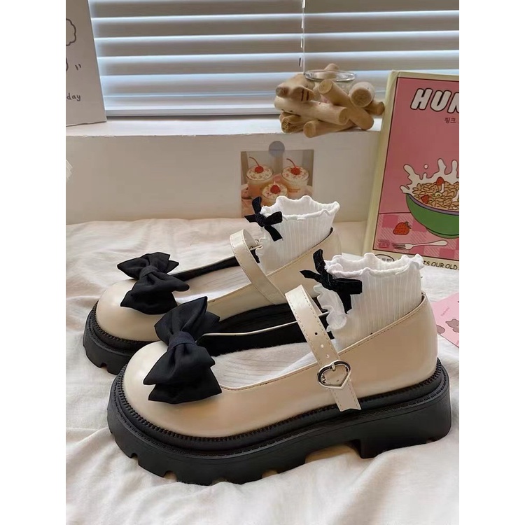 Giày búp bê da đế dày đính nơ to phong cách Nhật Bản thời trang hè 2023 cho nữ