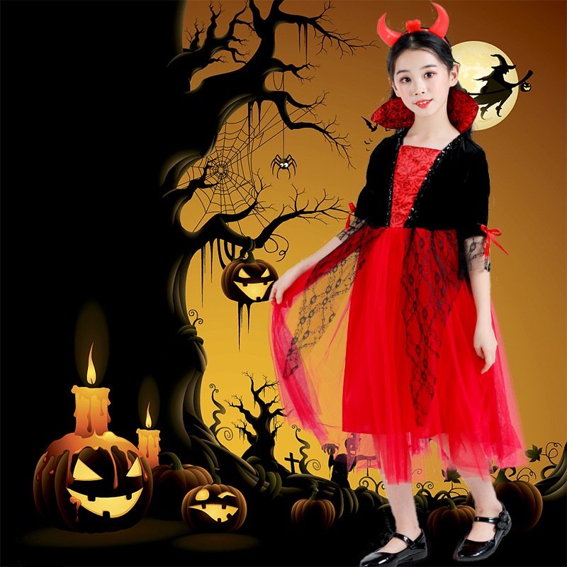 Bộ Đồ Hóa Trang halloween Nhân Vật Phù Thủy Phối Áo Choàng Lưới Dễ Thương Cho Bé Gái 9.27