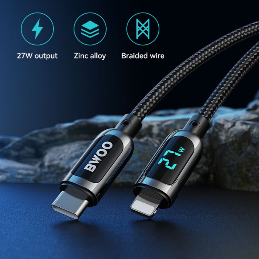 Dây sạc nhanh 27w chính hãng BWOO cáp bọc dù báo đèn dùng cho 14 13 12pro 11promax xsmax