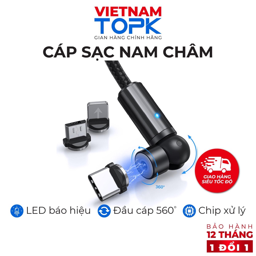 Dây sạc nam châm iPhone/ Type-C/ Micro USB AM68 - Sạc nhanh 3A - Dây dù - dài 1m - Bảo hành 12 tháng