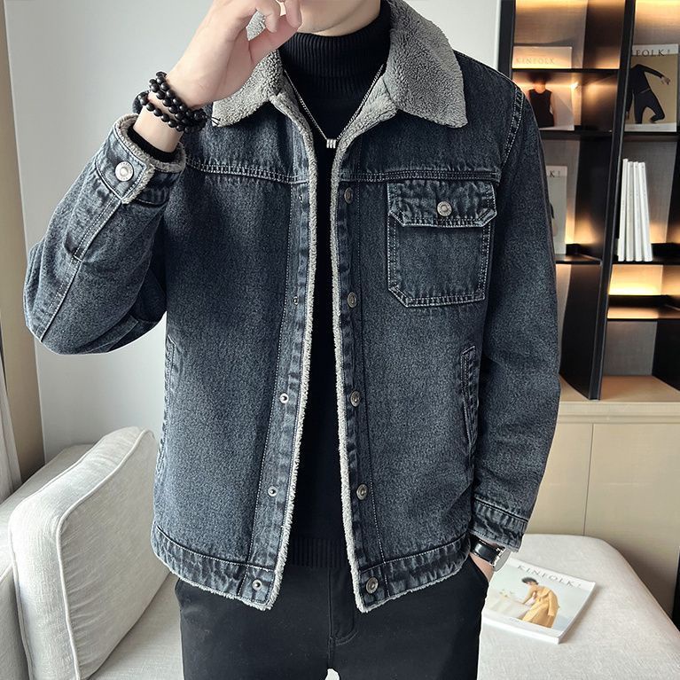 Áo Khoác denim Lót Lông Cừu Dày Dặn Giữ Ấm Phong Cách Hàn Quốc Thời Trang Mùa Đông Mới 2023 Cho Nam Trung Niên