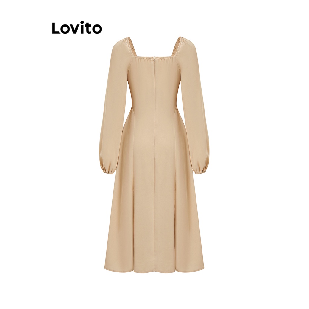 Đầm Lovito tay dài xếp nếp màu trơn thường ngày cho nữ L61AD084