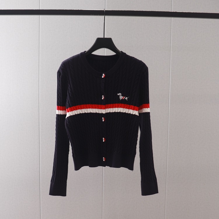 T3AX thom browne 2023 Fall/Winter New College style contrast color striped chest puppy embroidered round neck long sleeve knitted cardigan top