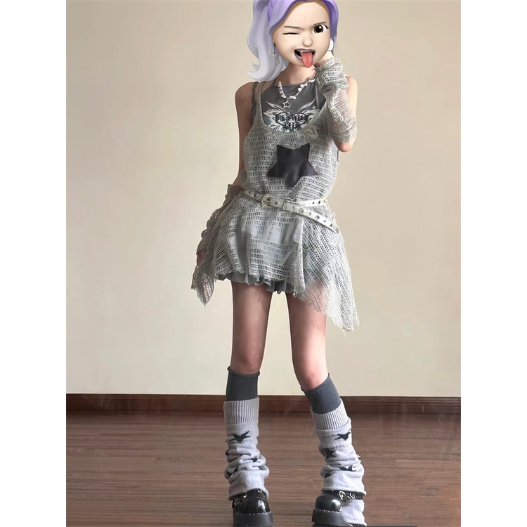 Milletnium y2k hot Set Đầm Lưới Không Tay Thêu Ngôi Sao Mùa Hè Có Tay Áo Cho Bé Gái