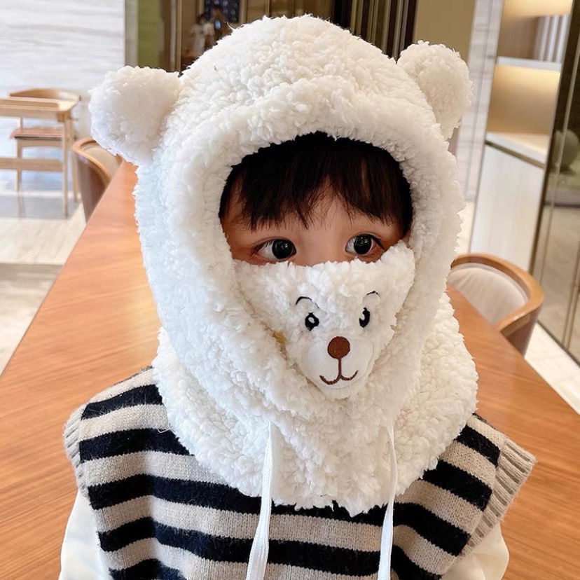 Mũ Kèm Khẩu Trang Vải cotton Dày Dặn Giữ Ấm Tai Hình Gấu Dễ Thương Cho Bé