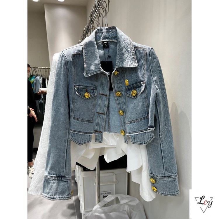 Áo Khoác denim Ngắn Dáng Ôm Cài Khóa Vàng Đồng Phong Cách Châu Âu Thời Trang Mùa Xuân 2023 Hàng Mới