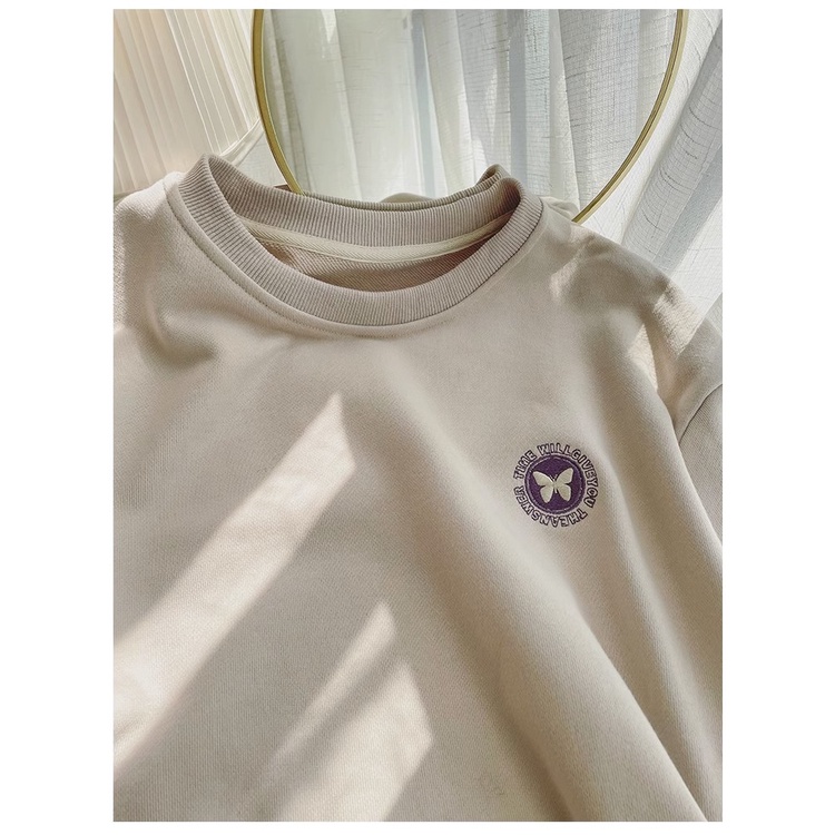 Áo Nỉ Mỏng Cổ Tròn Dáng Rộng Thêu Hình Bướm Phong Cách Xuân Thu Mới Cho Nữ