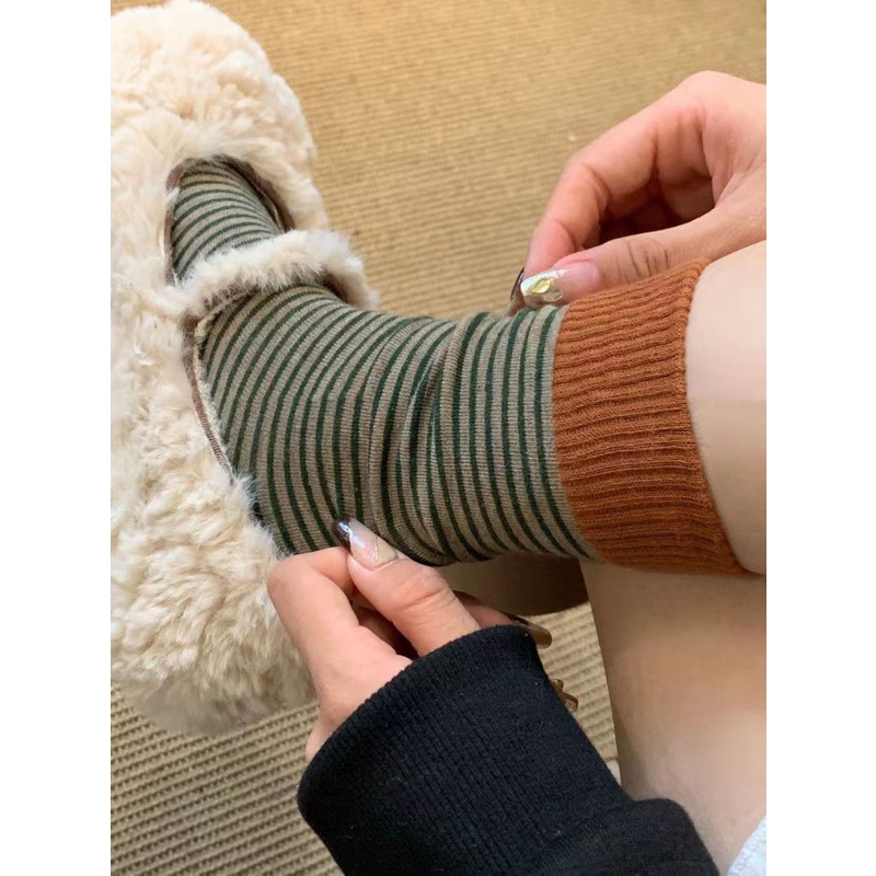 Vớ Cổ Trung Phối Dây Ruy Băng Màu Sắc Tương Phản Phong Cách retro Nhật Bản