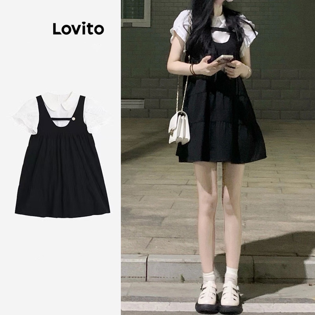 Đầm Lovito giả 2 mảnh trong 1 xếp tầng màu trơn phong cách preppy cho nữ LNA19085 (màu đen)