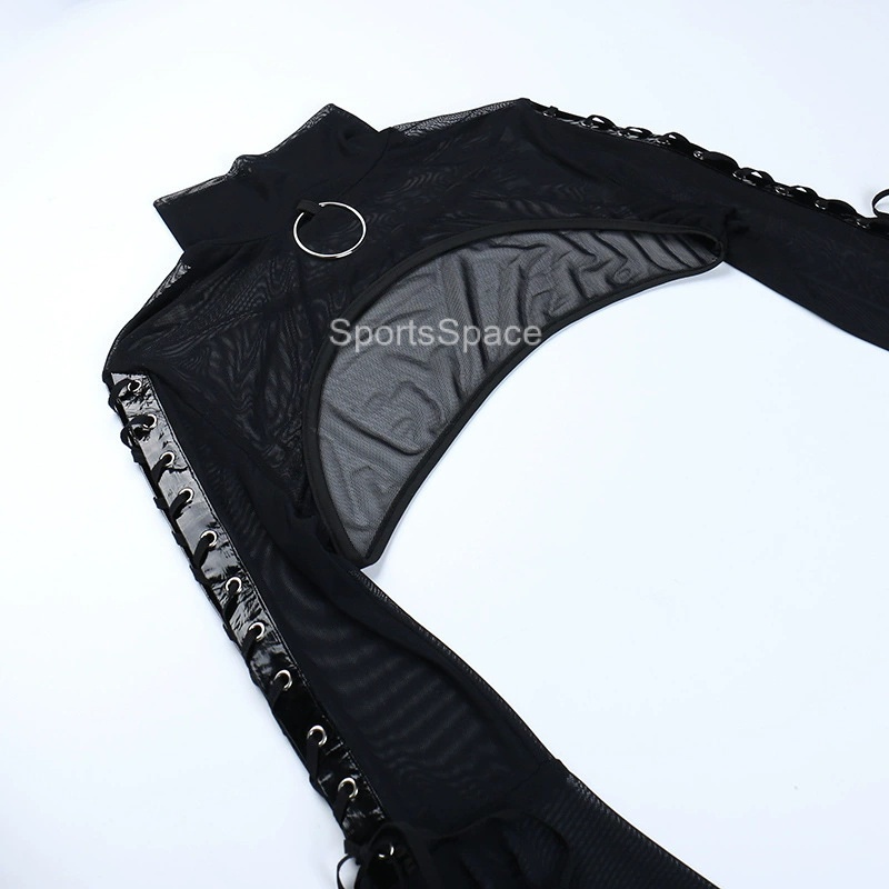 - Áo Lưới Cổ Lọ Tay Chuông Xuyên Thấu Phong Cách Tối Màu Phối Ruy Băng Cho Nữ