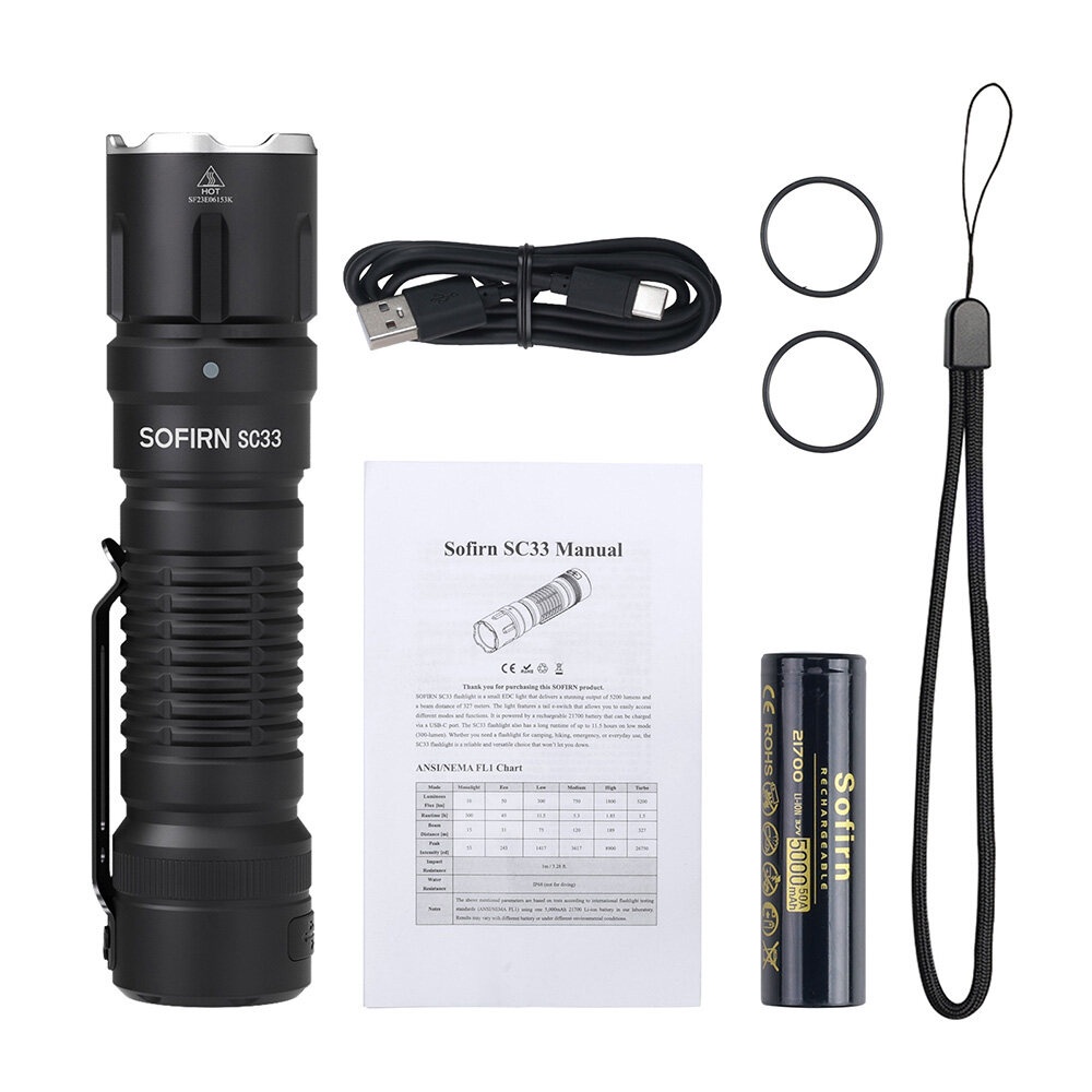 Đèn pin SOFIRN SC33 nhỏ gọn siêu sáng 5200 lumen chiếu xa 327m sạc USB-C pin 21700