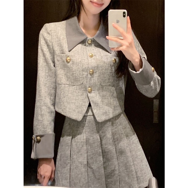 Bộ Áo Khoác Vest Dáng Rộng Phối Chân Váy Ngắn Xếp Ly Kiểu retro Pháp Thời Trang Mùa Thu 2023 Cho Nữ